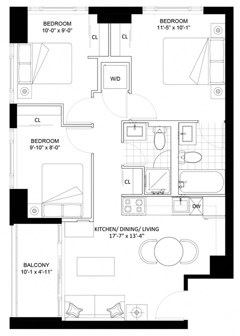 Floor plan for 3 beds, 2 baths, 739 sqft